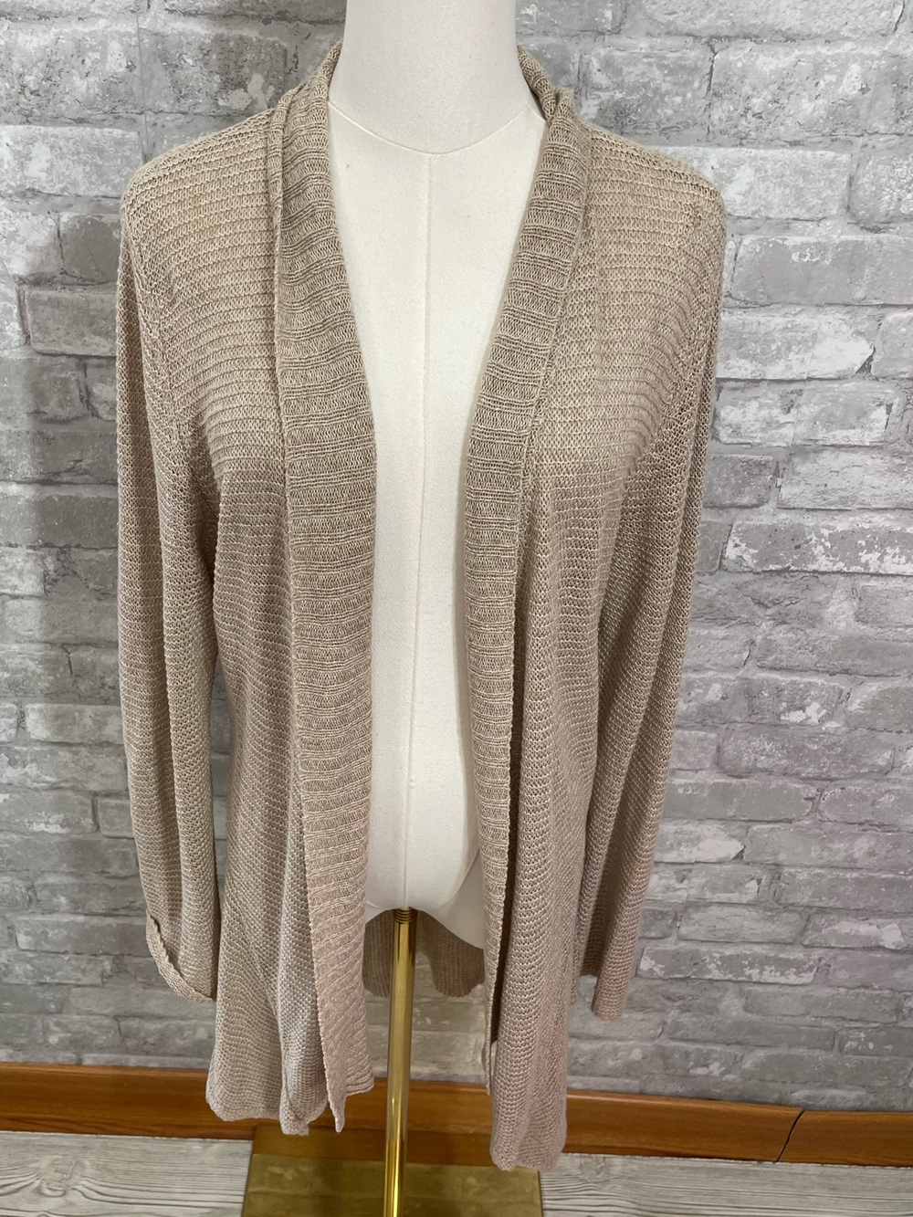 Eileen Fisher Beige Linen Open-Front Knit Cardigan